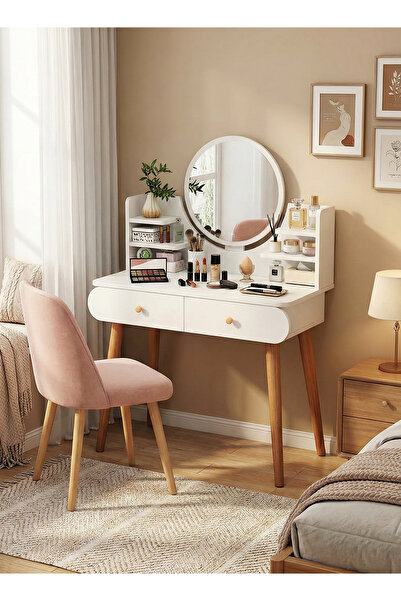 AGD Luxury wooden makeup table with mirror and two drawers 80x40x120 cm white (without chair)