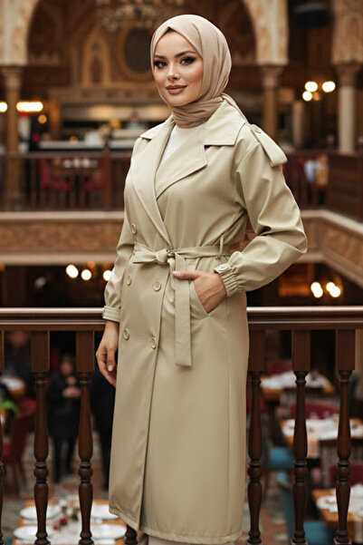 Neva Style Buttoned Light Khaki Hijab Trench Coat 647AHK