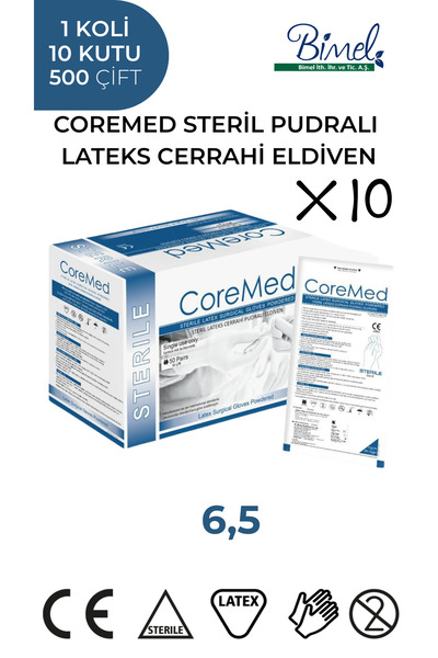 COREMED STERİL CERRAHİ LATEKS PUDRALI ELDİVEN 6,5 BEDEN 1 Koli-10 Paket-500 Çift