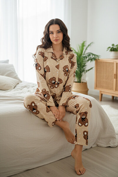 Fanwet Women's Suede Velvet Long Sleeve Brown Teddy Bear Polka Dot Detailed Front Buttoned Pajama Set