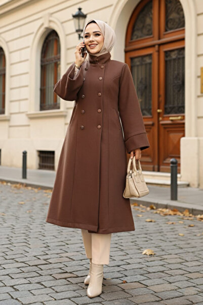 Neva Style Belted Brown Stamped Hijab Coat 61112Kh