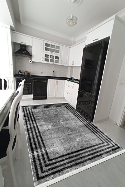 VOPTEKS Gri Siyah Halı Gri Siyah Mutfak Halısı Leke Tutmaz Makinede Yıkanabil...