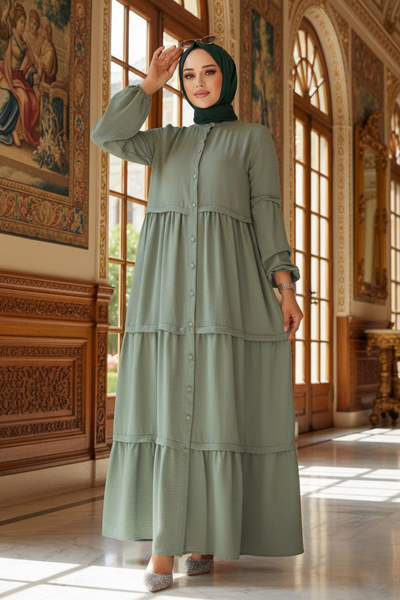 Neva Style Buttoned Green Hijab Dress 5850Cy