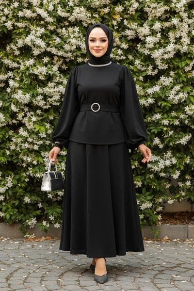 Neva Style Belted Black Hijab Skirted Two-Piece Set 20024S