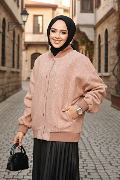 Neva Style Buttoned Camel Hijab Bomber Jacket 9263C