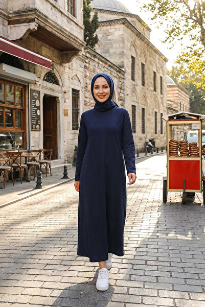 Almila Long Sleeve Long Combed Cotton Dress with Crew Neck 2031