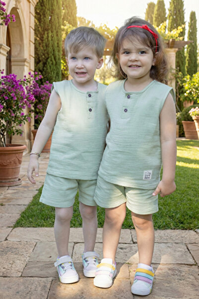 Sarebaby Müslin Kolsuz Yazlık Bebek Takımı Haki Renk