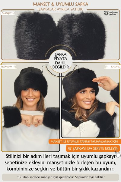 Mağazam Online Plush Faux Fur Oversleeve Fluffy Cuff Wristband - Vegan Mink Black