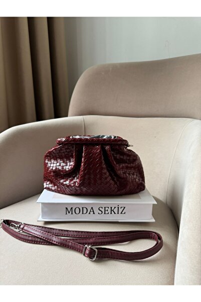 Moda Sekiz Women's Burgundy Patterned Magnet Closure Scholarship Knitted Pattern Handbag and Crossbody Shoulder Bag