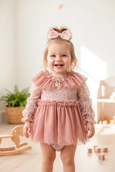 aysskids CORA Romper Tütülü Özel Gün Uzun Kollu Kız Bebek Elbise