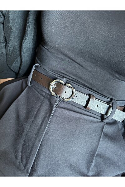 LİA KEMER Jade Double Ring Pattern Women's Silver Buckle Belt Coat Belt Dress Belt Trouser Belt