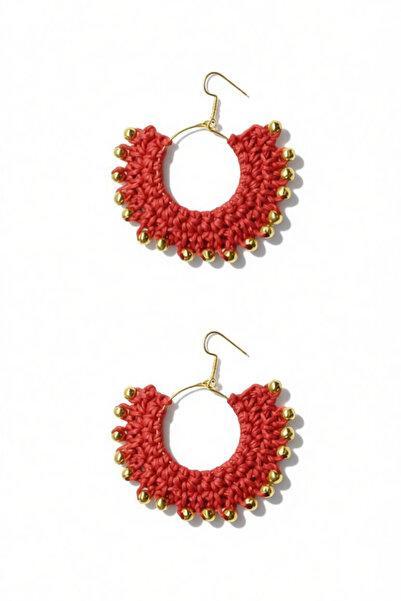 maia Dark Pomegranate Flower Color Weave Thread Gold Beaded Design Earrings