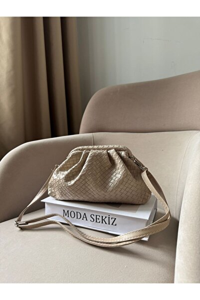 Moda Sekiz Women's Cream Patterned Magnet Closure Scholarship Knitted Pattern Handbag and Crossbody Shoulder Bag