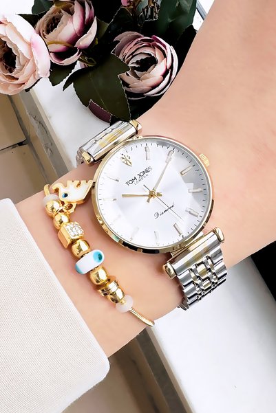 Tom Jones London Original Women's Wristwatch 3 Atm Waterproof Gold Silver Steel Band + Bracelet Gift Gtjb2012C3