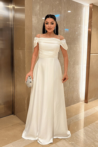 giyimmasalı Βραδινό φόρεμα από σατέν ύφασμα με κορδόνια - ΛΕΥΚΟ