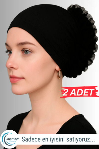 Jusmart 2 Adet Siyah ◇ Pamuklu Fırfırlı Bone ◇ Kaymayan Dikişsiz Topuz Bonesi...