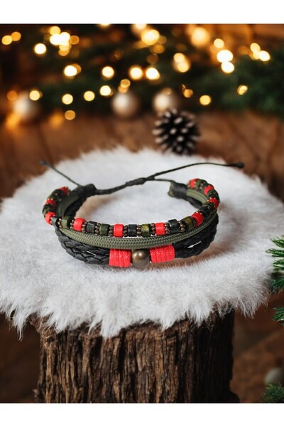 DEHNA Bohemian Combination Bracelet |   Wooden Beads |   Red Adjustable Christmas Gift