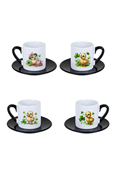 giftkonsept Cute Chick Clover Printed Black Set of 4 Porcelain Turkish Coffee...
