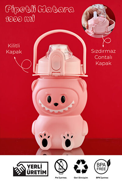 espashome Labubu Water Bottle - 1000 ml Portable with Handle, Straw, Bpa-Free, Lockable and Leak-Proof Lid - Pink