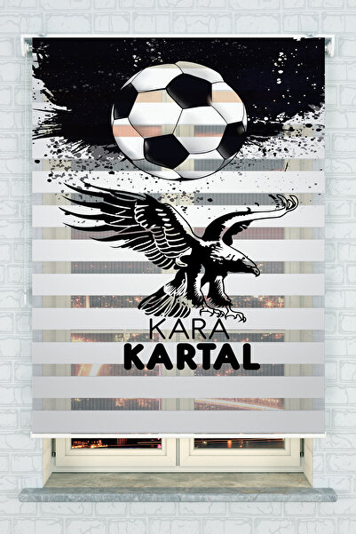 akel collection Kara Kartal ve Futbol Topu Desenli Siyah Beyaz Zebra Perde