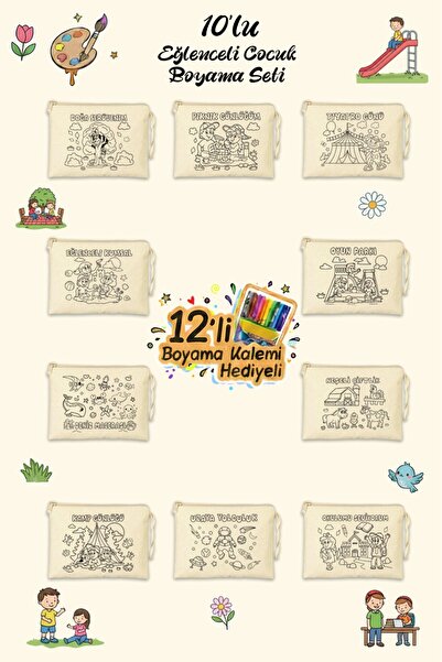 Çınar Bez Çanta Eğlenceli Aktiviteler Baskılı Boyama Cüzdanları - 10 Adet
