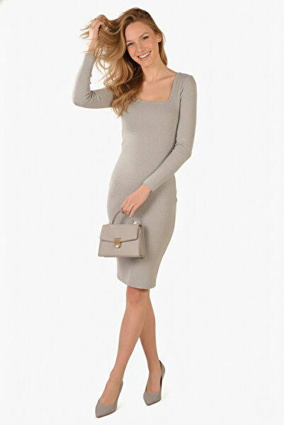 LİVE SPORT Μίντι Φόρεμα Grey Melange - Μακρυμάνικο, Τετράγωνο Γιακά Καμιζόλα