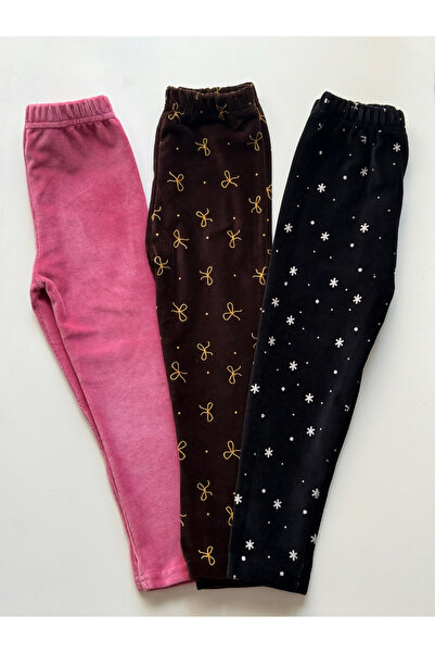 BOBSİ CO Kız Çocuk Fitilli Kadife %100 Pamuk Desenli 3'lü Takım Tayt Seti