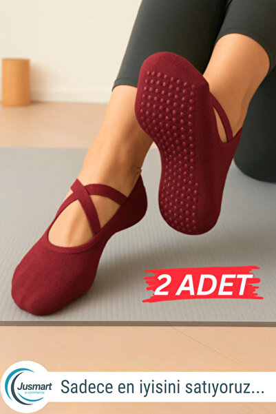 Jusmart 2 Adet Bordo Kadın Babet Çorap ◆ Pamuklu Kaymaz Silikon Taban ◆ Yoga ...