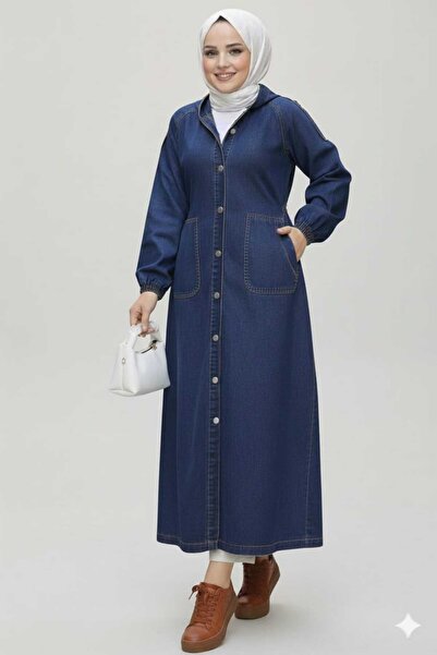 Hb Harma Time Butik قبعة نسائية ذات أزرار وجيوب بغطاء رأس من الدنيم باللون ال...