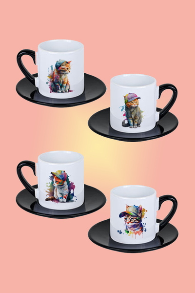 giftkonsept Watercolor Themed Naughty Cats Printed Black Set of 4 Porcelain T...