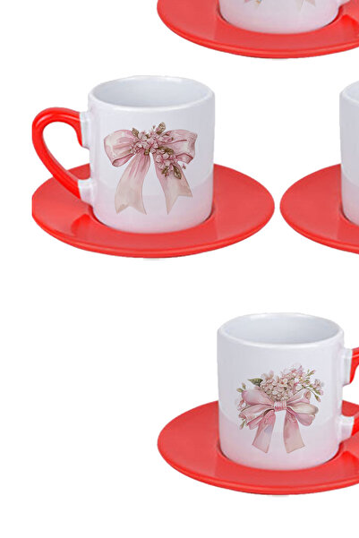 giftkonsept Pink Floral Bow Printed Red Set of 4 Porcelain Turkish Coffee Cups