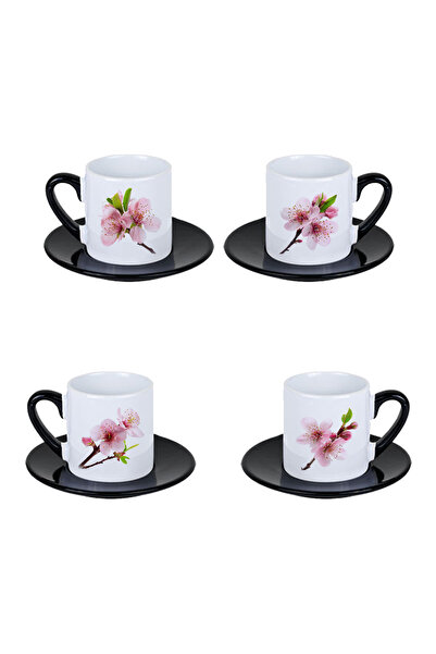 giftkonsept Summer Flowers Printed Black Set of 4 Porcelain Turkish Coffee Cups