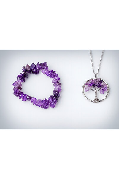Efulim Hediyelik Gerçek Ametist Taşlı Kolye & Bileklik Seti, Hayat Ağacı Tasa...