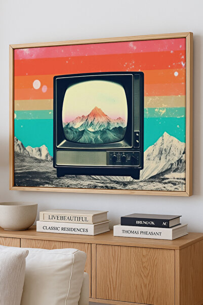 AKSU SANAT Retro Tüplü Televizyon, illüstrasyon ÇERÇEVELİ Kanvas Tablo, ÇİFT ÇERÇEVELİ Tablo 1KTBL232