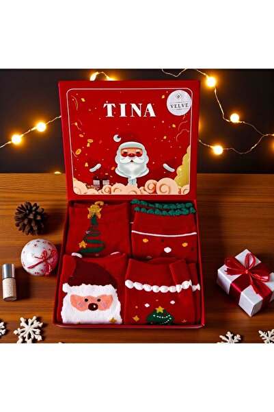 velve Women's socks set, in festive Christmas box, model 2, 4 pairs, Red