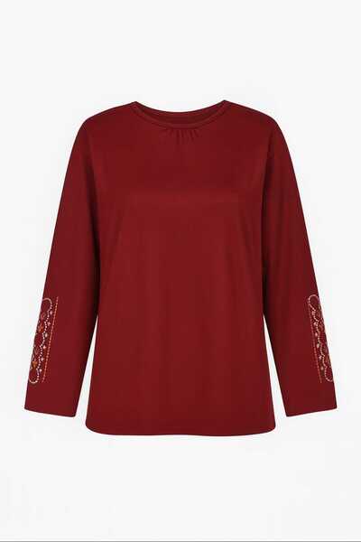 Nacar Moda Γυναικεία λικρά μπλούζα μεσαίας ηλικίας και άνω των τεσσάρων εποχών, μπορντό, μαμά, χτενισμένη βαμβακερή μπλούζα νέας σεζόν, με κεντημένο μανίκι