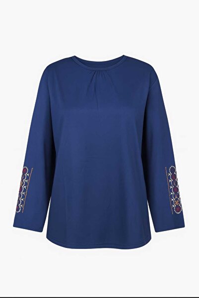 Nacar Moda Bluză din Lycra pentru femei de vârstă mijlocie și peste patru anotimpuri, albastră, din bumbac pieptănat, sezon nou, cu mâneci brodate