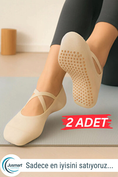 Jusmart 2 Adet Ekru Kadın Babet Çorap ◆ Pamuklu Kaymaz Silikon Taban ◆ Yoga P...