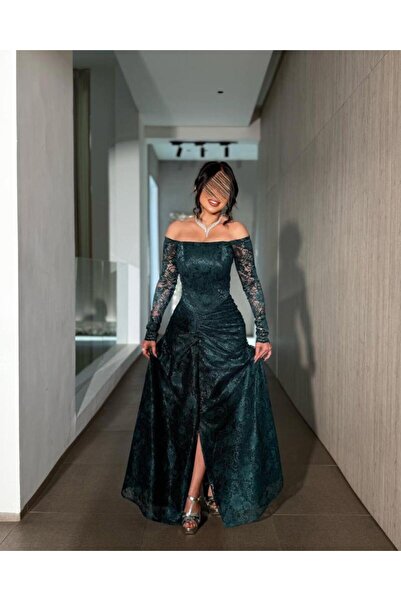 Joun Dresses فستان أخضر أنيق بفتحة أمامية وكم دانتيل طويل