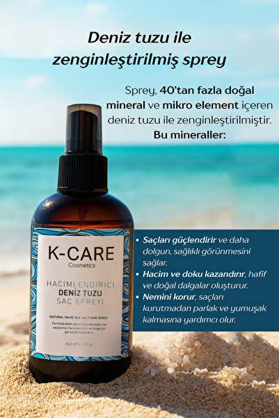 K K-CARE Cosmetics Deniz Tuzu Saç Spreyi - Doğal Dalga Sağlayan ve Hacim Veren Saç Spreyi 250 ml