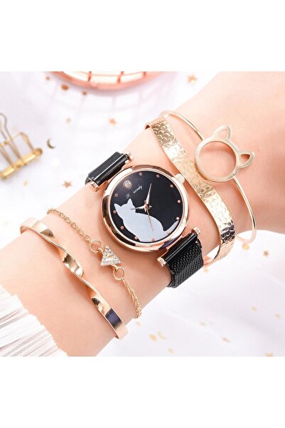 Airmag Ceas dama cu pisica pe cadran, bratara metalica cu inchidere magnetica, quartz