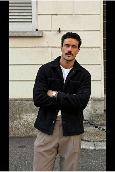 MADZEYMODA Premium Men's Fleece Lined Black Jacket with Snap Fasteners Ls-89921