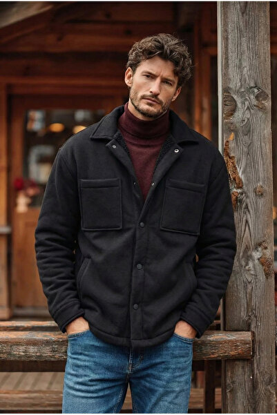 MADZEYMODA Premium Men's Fleece Lined Black Jacket with Snap Fasteners Ls-89921