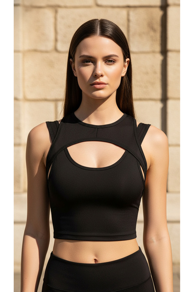 ACTRİS Asymmetric Cut-Out Neck Detail Diver Fabric Padded Crop Bustier Bluse T-Shirt Body