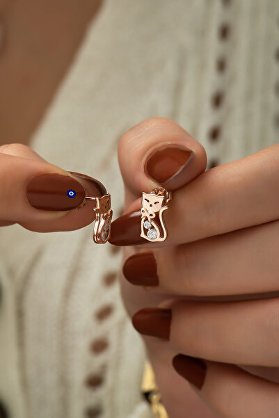 Papatya Silver 925 Ayar Rose Altın Kaplama Zirkon Taşlı Kedi Küpe