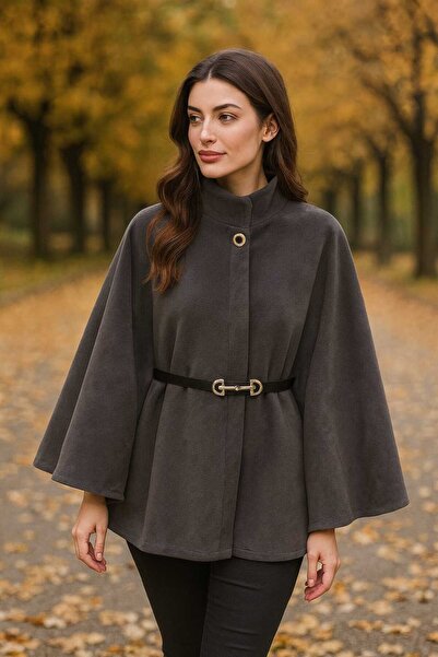 lobivia Anthracite Oversized Mock Neck Poncho Hijab / Tunic Comfortable and Soft Fleece Fabric Stylish Combination Height:75Cm