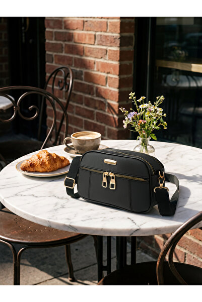 Rosmod Geantă de mână și de umăr cu fermoar negru cu trei compartimente pentru femei