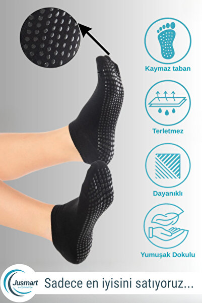 Jusmart Siyah Pamuklu Kaymaz Silikon Taban ◆ Yoga Pilates Tavaf Dans ◆ Nefes ...