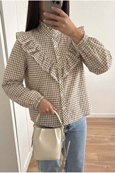 FEMELLE Women's Striped Mock Neck Ruffled Cotton Shirt