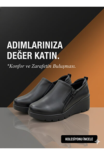 Tamdabu Ayakkabı Genuine Leather Black Padded Heel Orthopedic Women's Shoes T...